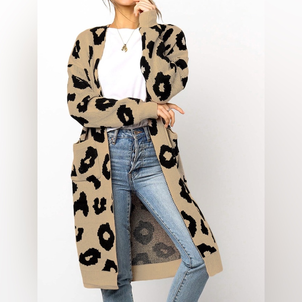 Angashion Leopard Print Draped Cardigan Duster Open Front Wool Blend Coat Small